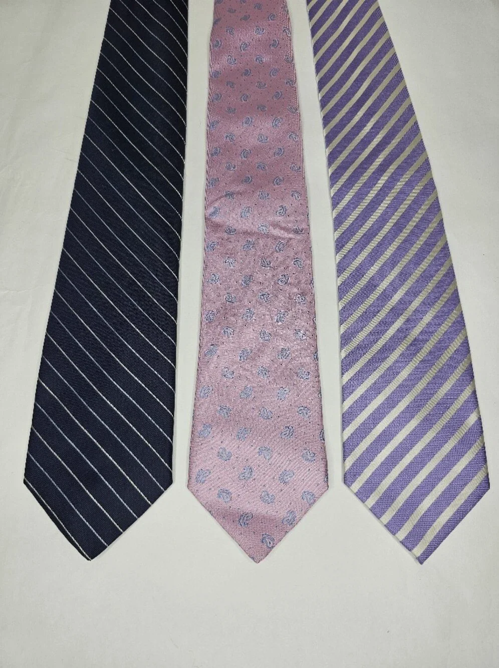 Bundle Of 3 100% Silk Ties Textured Navy Stripe Pink Paisley Purple Diagonal